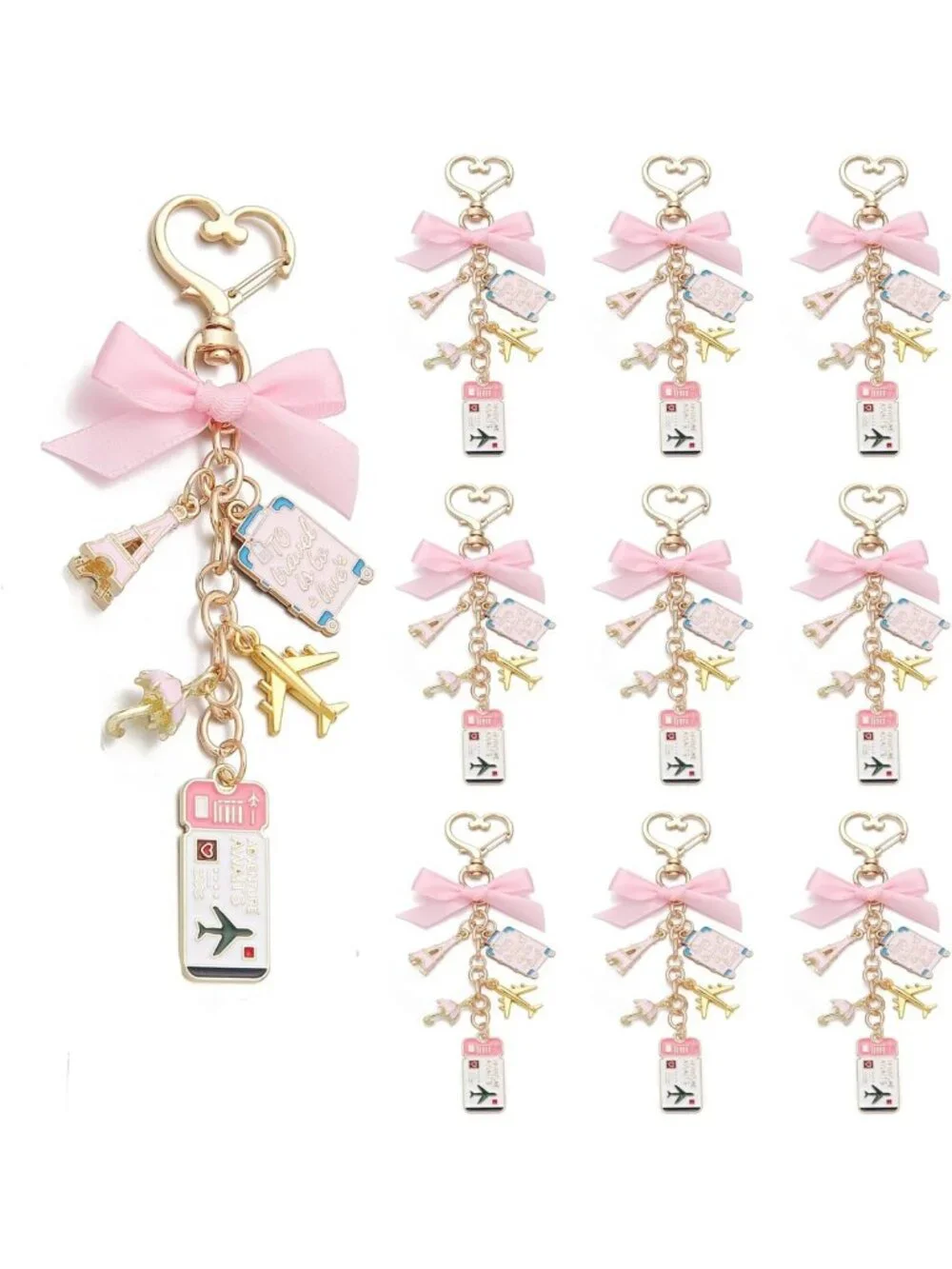 Travel-Themed Keychain Set - 10PCS with Pink Bow, Gold Charms & Adventure Icons